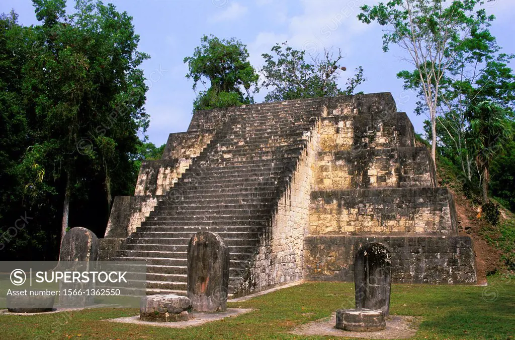 GUATEMALA, TIKAL, PYRAMID Q-COMPLEX, BUILT BY THE RULER CHITAM IN THE YEAR 771 A.D.
