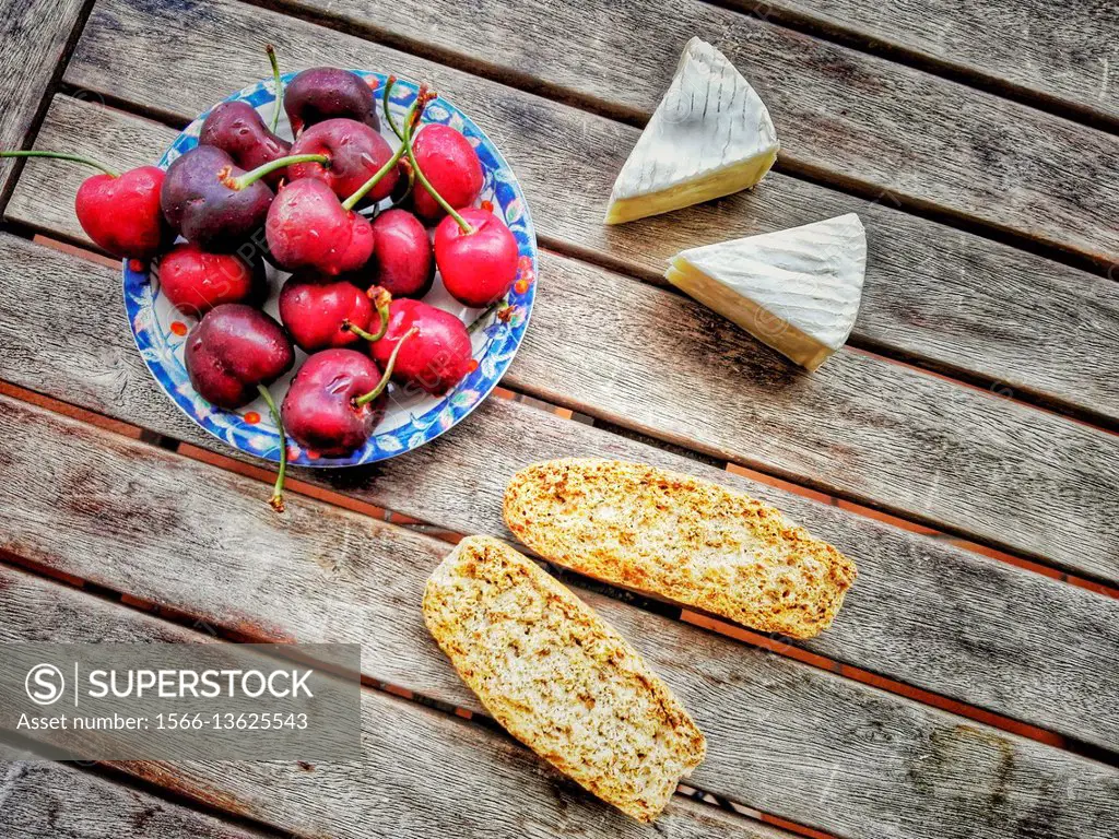 Healthy snack, Camembert Cheese, cherries and toasts