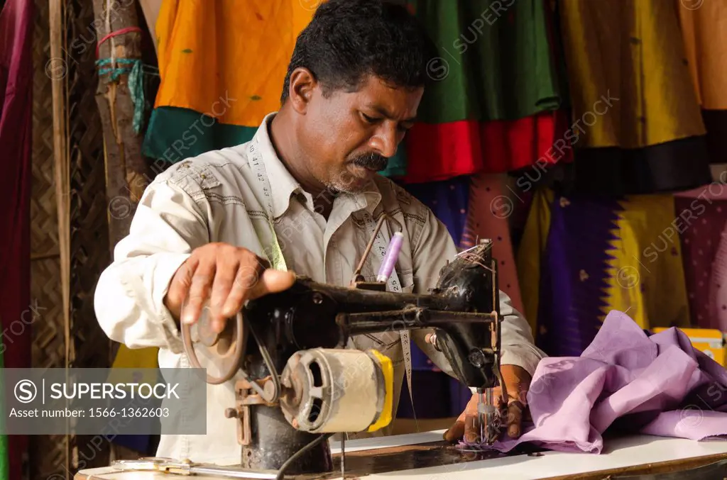 A local tailor in a workshop in Varkala, Kerala, South India.