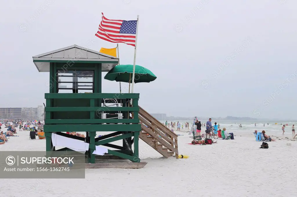 A lifeguard station at Siesta Key beach near Sarasota, Florida, USA