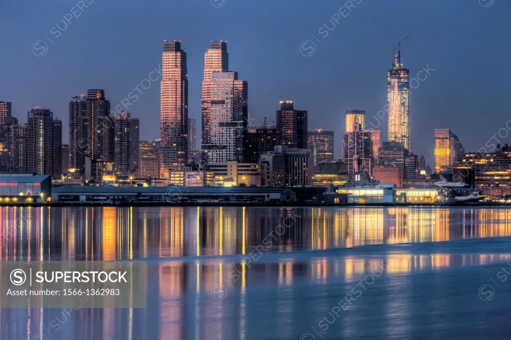 Buildings on the West Side of Manhattan, from approximately 54th Street to just south of the Intrepid Sea, Air and Space Museum, and their reflections...
