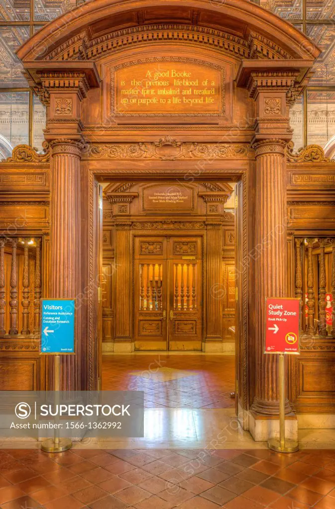 The entrance to the Rose Main Reading Room in the main branch of the New York Public Library in New York City. The quotation above the door is from Jo...