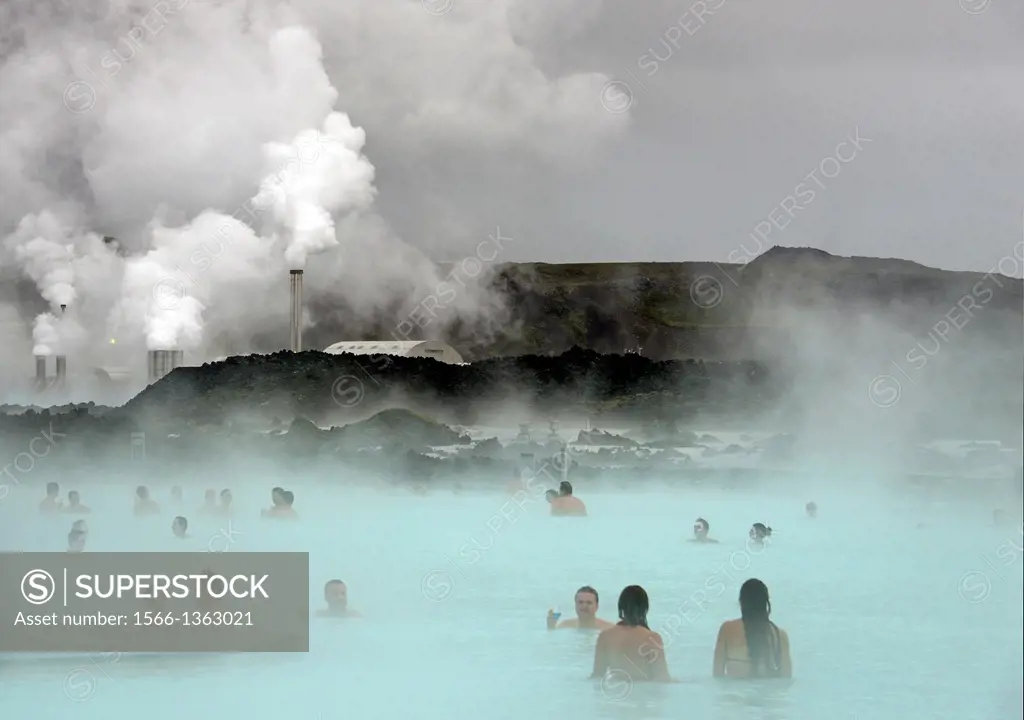 Blue Lagoon mineral hot springs, Svartsengi Geo-Thermal Plant in the background, Grindavík close to Keflavik, Reykjanes Peninsula, Iceland, Polar Regi...