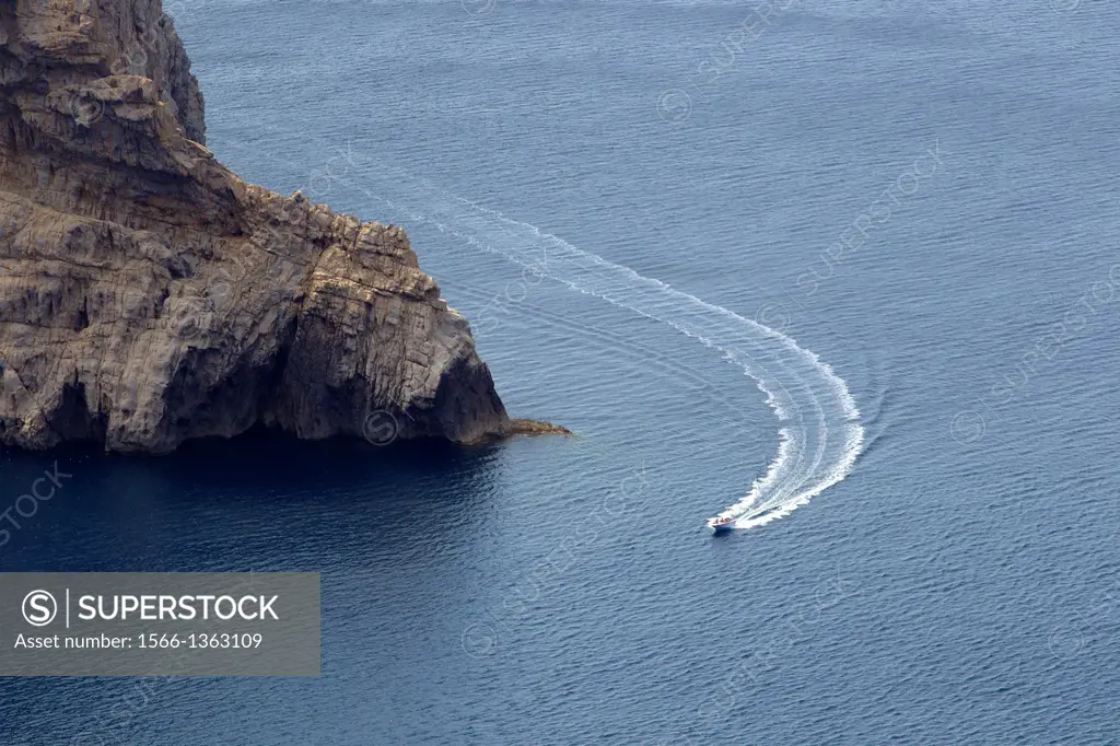 Boat near to Cap de Formentor, Mallorca, Balearic Islands, Spain.
