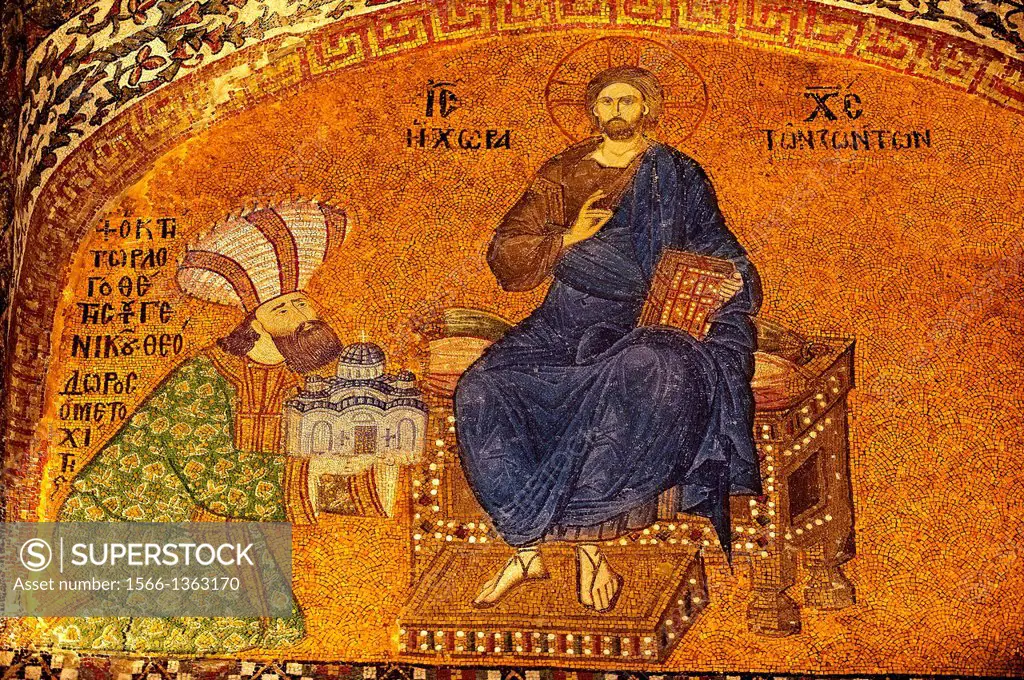 The 11th century Roman Byzantine Church of the Holy Saviour in Chora and its mosaic of Theodore Metochites presenting a model of the Chora church to C...