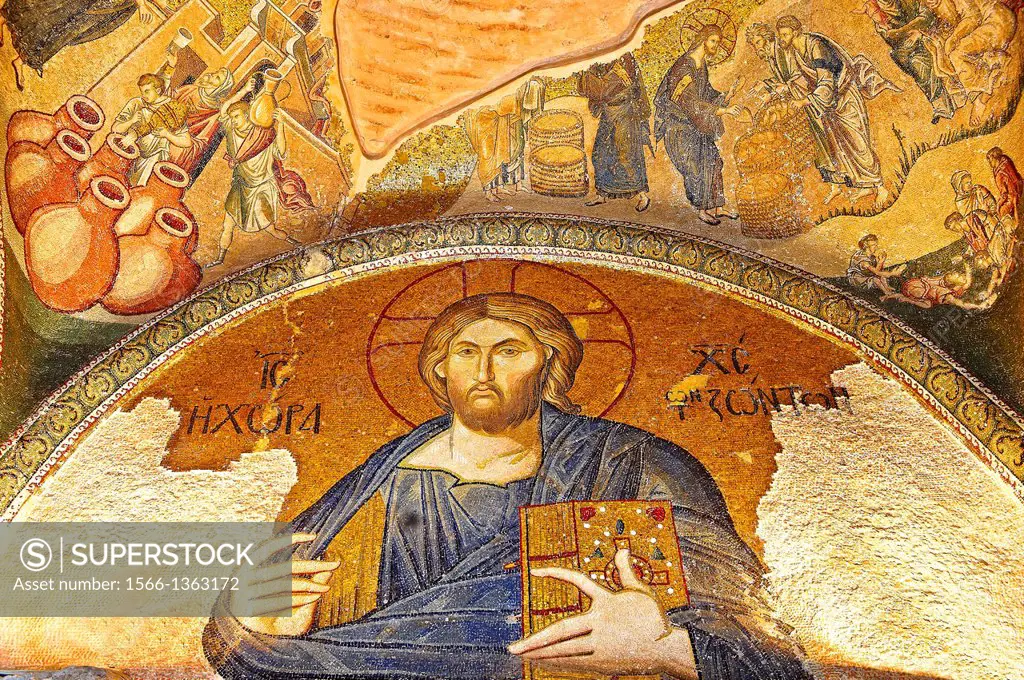 The 11th century Roman Byzantine Church of the Holy Saviour in Chora and its mosaic of Christ Pantocrator over the door leading to the second narex. E...