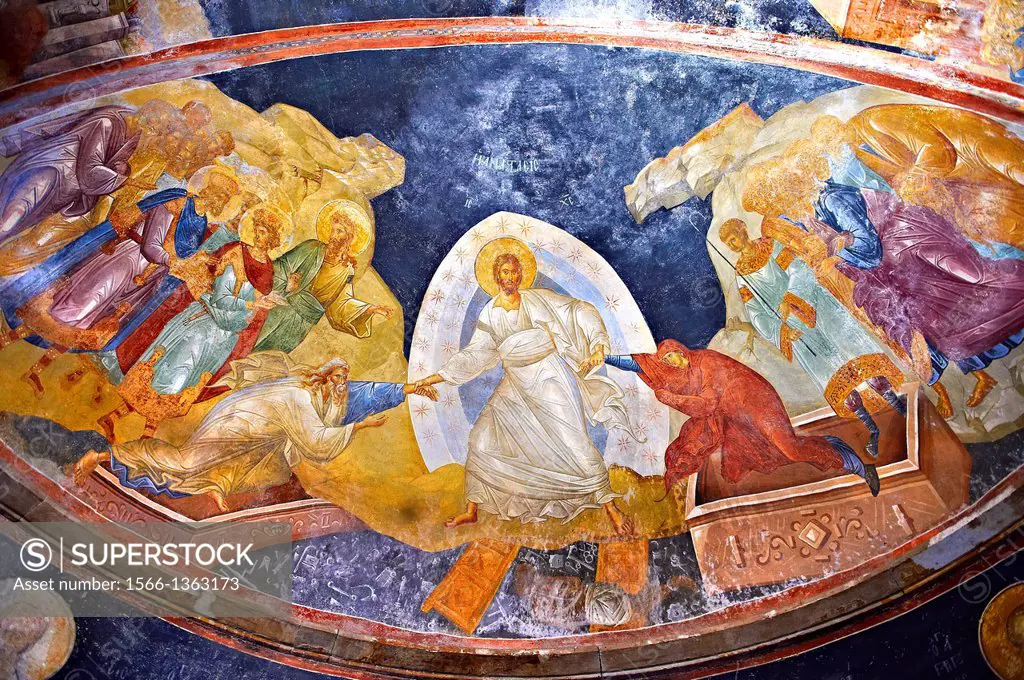 The 11th century Roman Byzantine Church of the Holy Saviour in Chora and its Anastasis fresco of the parecclesion chapel. Christ is depicted saving Ad...
