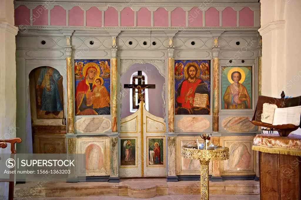 Interior of a chapel and Orthodox icons of the Byzantine of Nea Moni built by Constantine IX and Empress Zoe after the miraculous appearance of an Ico...