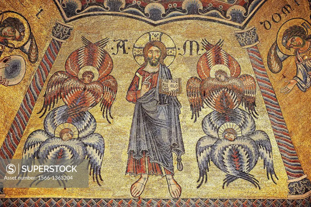 The Medieval mosaics of the ceiling of The Baptistry of Florence Duomo ( Battistero di San Giovanni ), showing Christ between angels. This panel is st...