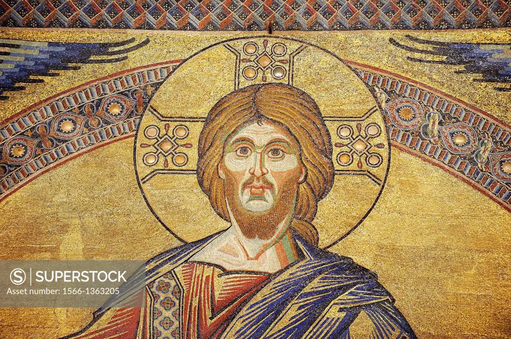 The Medieval mosaics of the ceiling of The Baptistry of Florence Duomo ( Battistero di San Giovanni ) showing Jesus Christ , started in 1225 by Veneti...