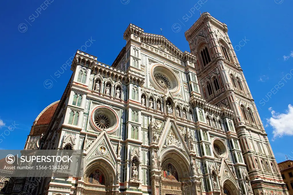 Facade of the the Gothic-Renaissance Duomo of Florence, Basilica of Saint Mary of the Flower; Firenza ( Basilica di Santa Maria del Fiore ) built betw...