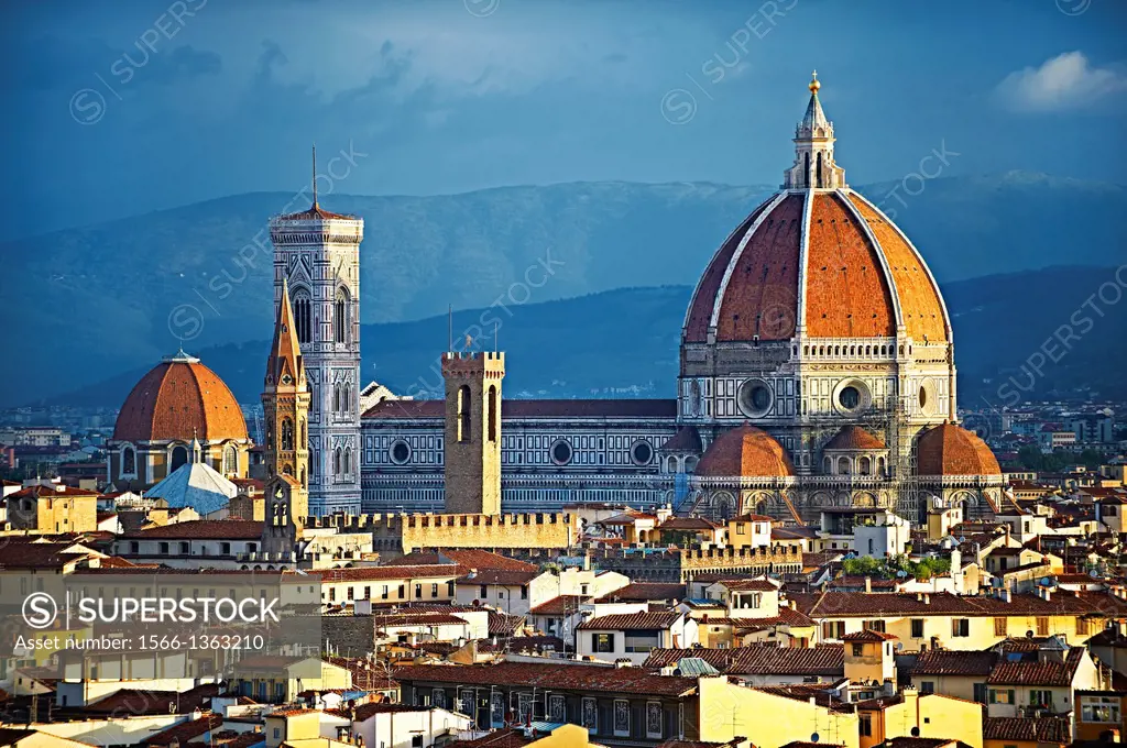 Rooftop view of the Gothic-Renaissance Duomo of Florence, Basilica of Saint Mary of the Flower; Firenza ( Basilica di Santa Maria del Fiore ) built be...