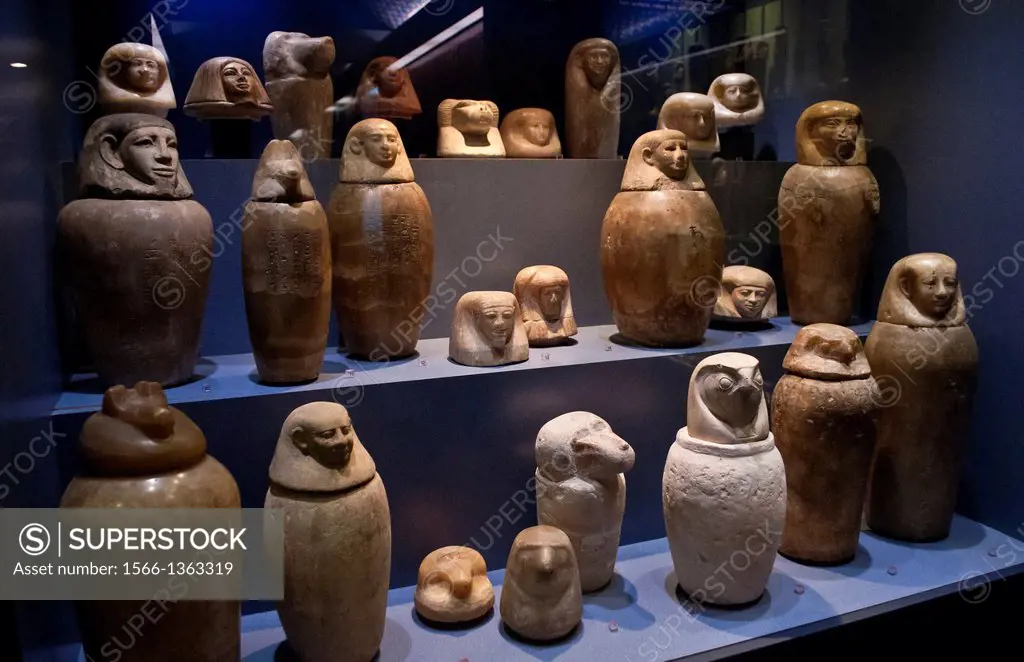 Egyptian Canopic jars used to hold the organs taken out of the mummies, Archeological museum, Zagreb, Croatia.