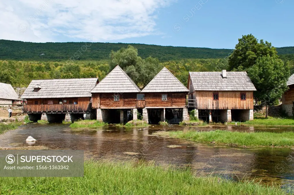 Water mills on Mayer spring, river Gacka, Gacko Polje, Otocac, Lika, Central Croatia.