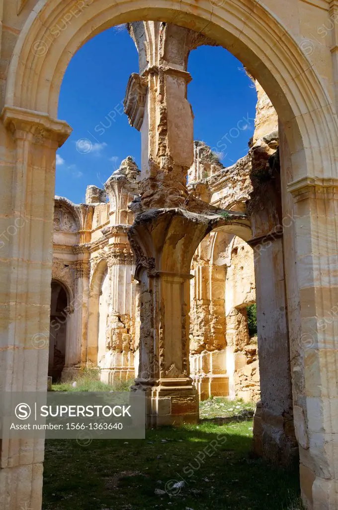 Ruins of the convent of Servite monks, destroyed during the Carlist Wars, Cuevas de Canart, Maestrazgo, Teruel, Aragon, Spain.