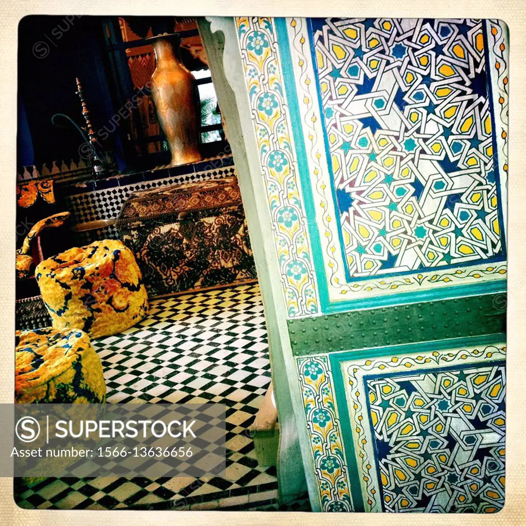 Door and interior in a house in the Medina of Fez., Morocco, Africa