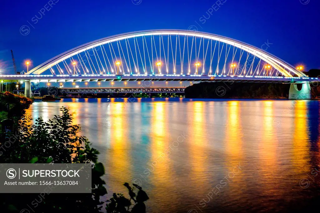 Bratislava, Slovakia, center Europe. The Apollo Bridge in Bratislava is a road bridge over the Danube.