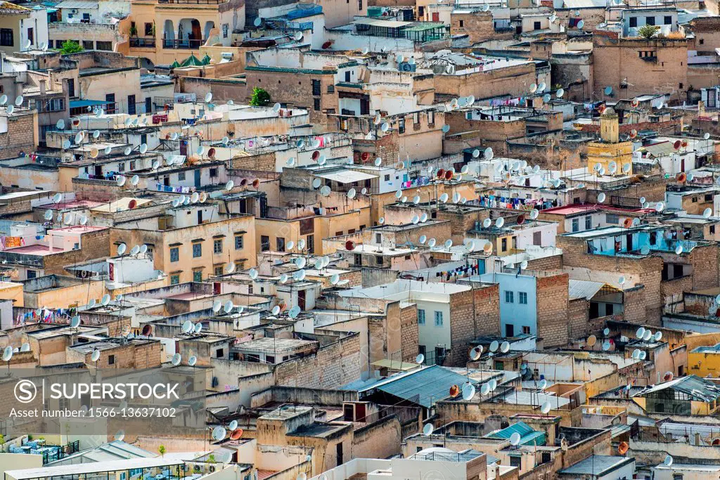 Fes, Marocco, North Africa. Roofs of the medina.