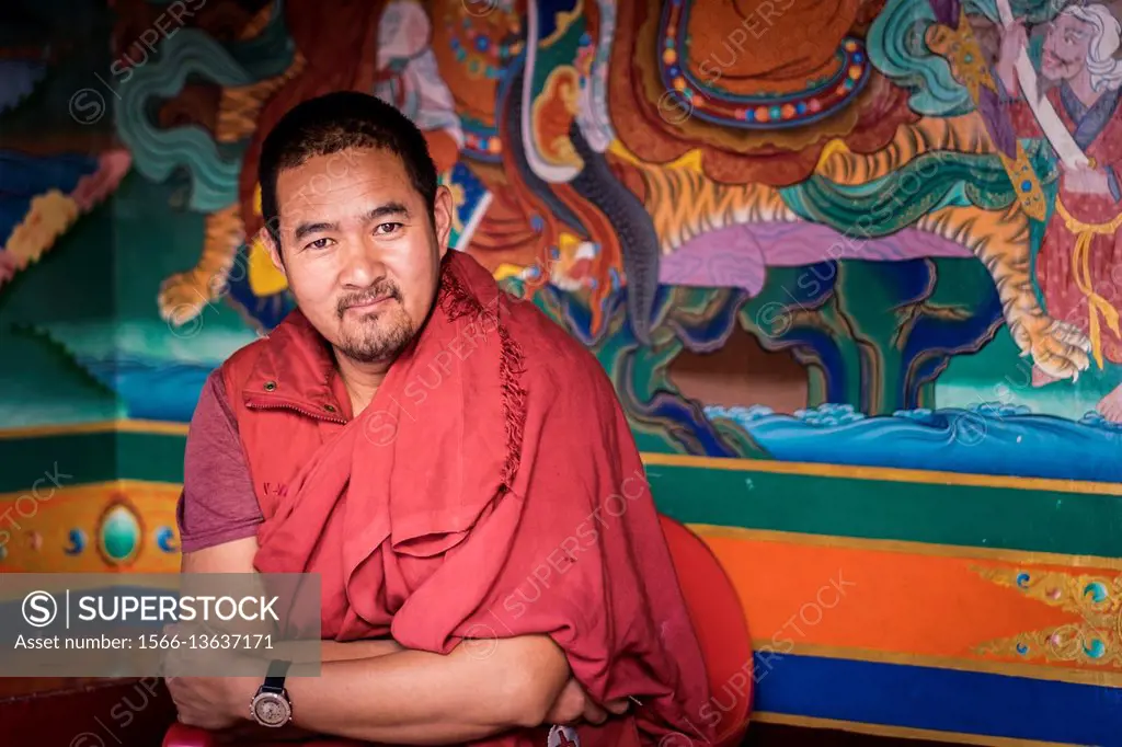 Stakna Monastery, Indus Valley, Ladakh, North India, Asia. Monk outside the temple.