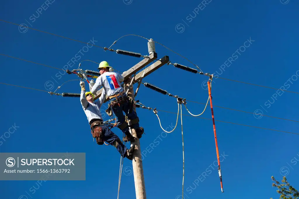 Westland, Michigan - Electric utility linemen climb poles to make repairs during the annual Michigan Lineman's Rodeo, a competition for workers from v...