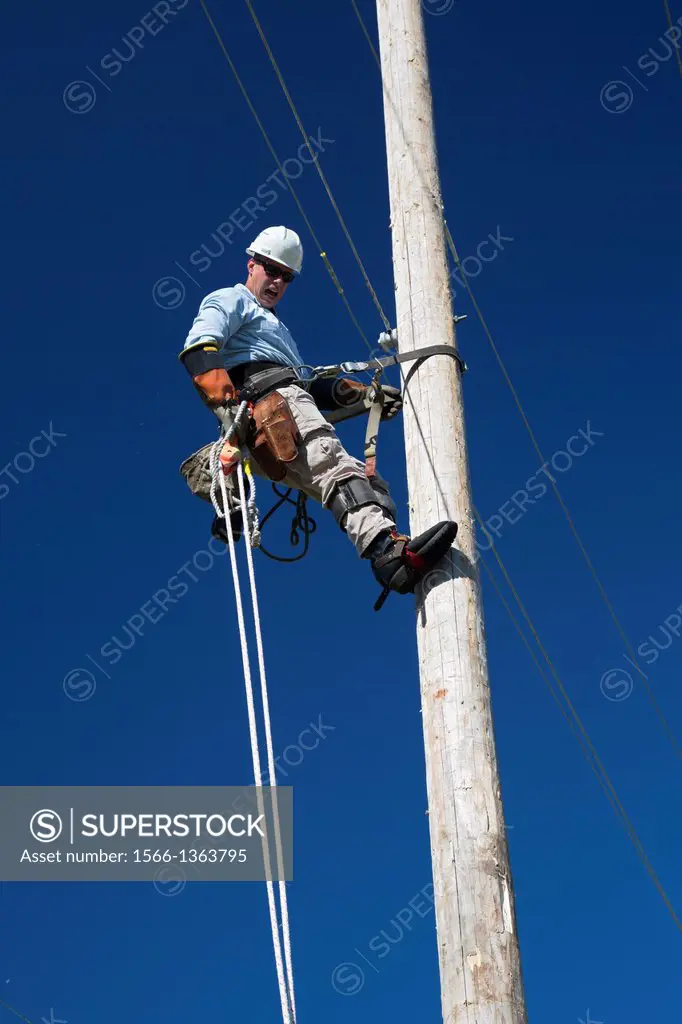 Westland, Michigan - An electric utility lineman climbs a pole to make repairs during the annual Michigan Lineman's Rodeo, a competition for workers f...