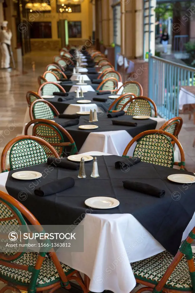 San Antonio, Texas - Tables set for dinner in a restaurant on the Riverwalk.