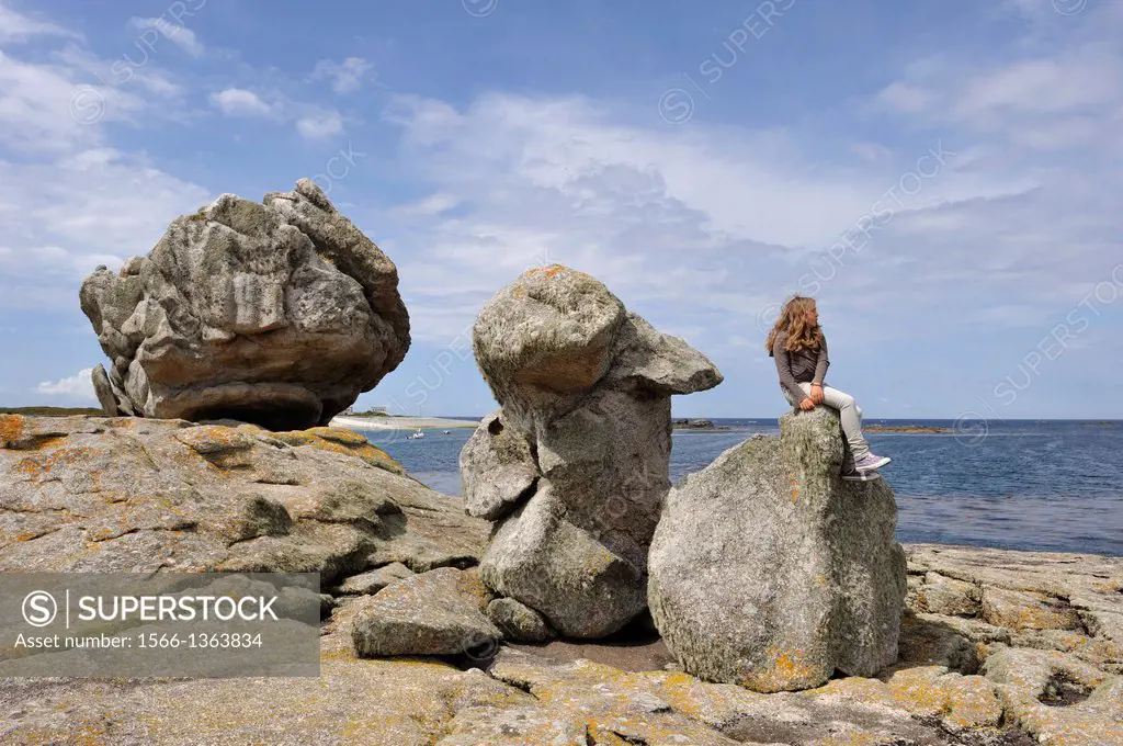 remarkable rocks on Ile de Sein, off the coast of Pointe du Raz, Finistere department, Brittany region, west of France, western Europe.