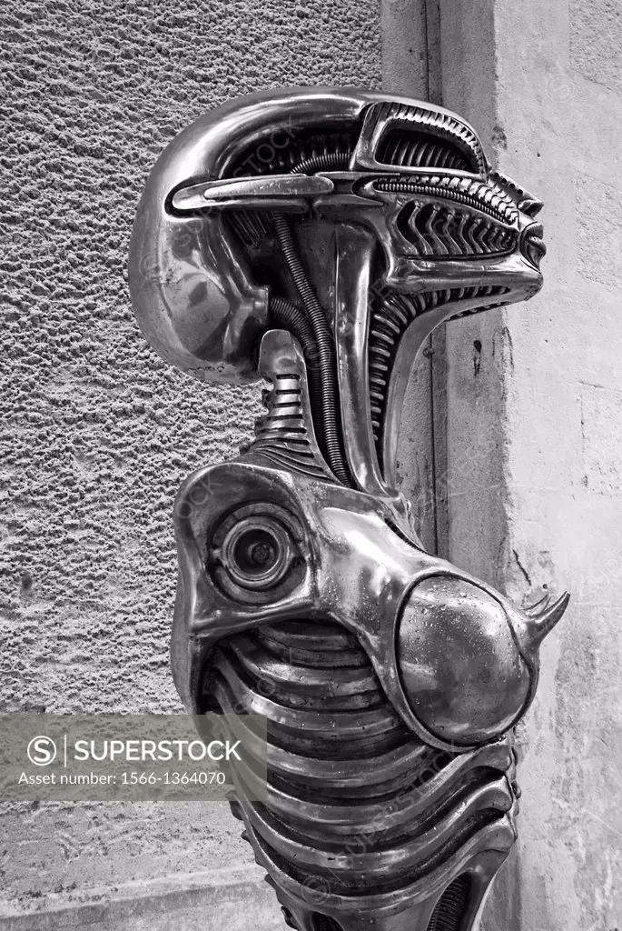 Sculpture in front outsideof H.R. Giger Museum in Gruyères, District Gruyère, Canton of Fribourg, Switzerland