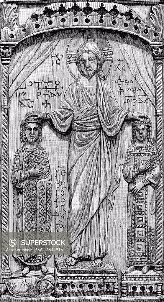 Otto II, 955 - 983, Holy Roman Emperor and his wife Theophano anointed as Emperor and Empress.