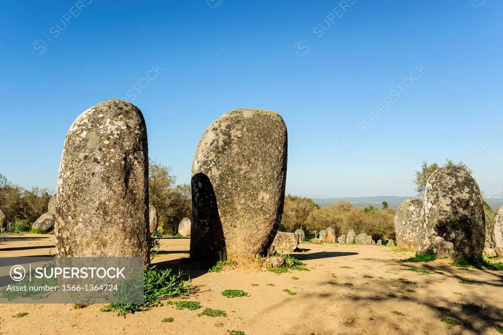 Cromlech Dos Almendres, ancient neolithic, -Alto Das Pedras Talhas-, Nossa Senhora de Guadalupe, Valverde, Evora, Alentejo, Portugal, Europe.