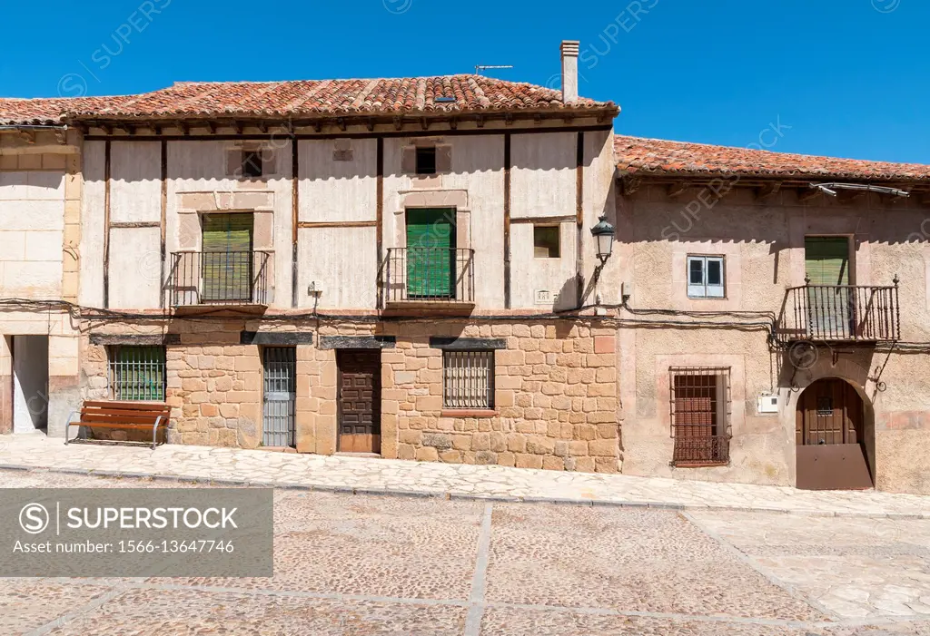 Traditional Architecture, Plaza de España Square, Atienza, Guadalajara province, Castile La Mancha, Spain. Historical Heritage Site.
