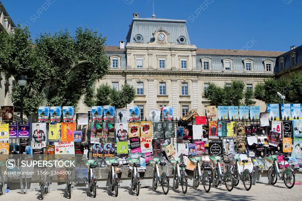 Posters from Theatre Festival in a street of Avignon city in Provenza-Alpes-Cotes d'Azur region, Vaucluse department. France.