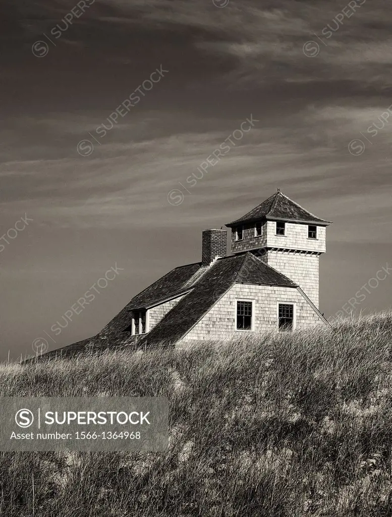 Secluded beach house nestled in the dune grass, Cape Cod, Massachusetts, , USA.