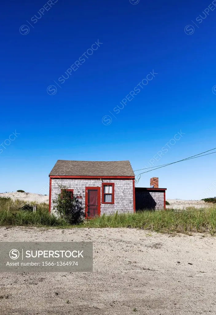 Rustic and isolated solated dune shack, Corn Hill, Truro, Cape Cod, Massachusetts, USA.