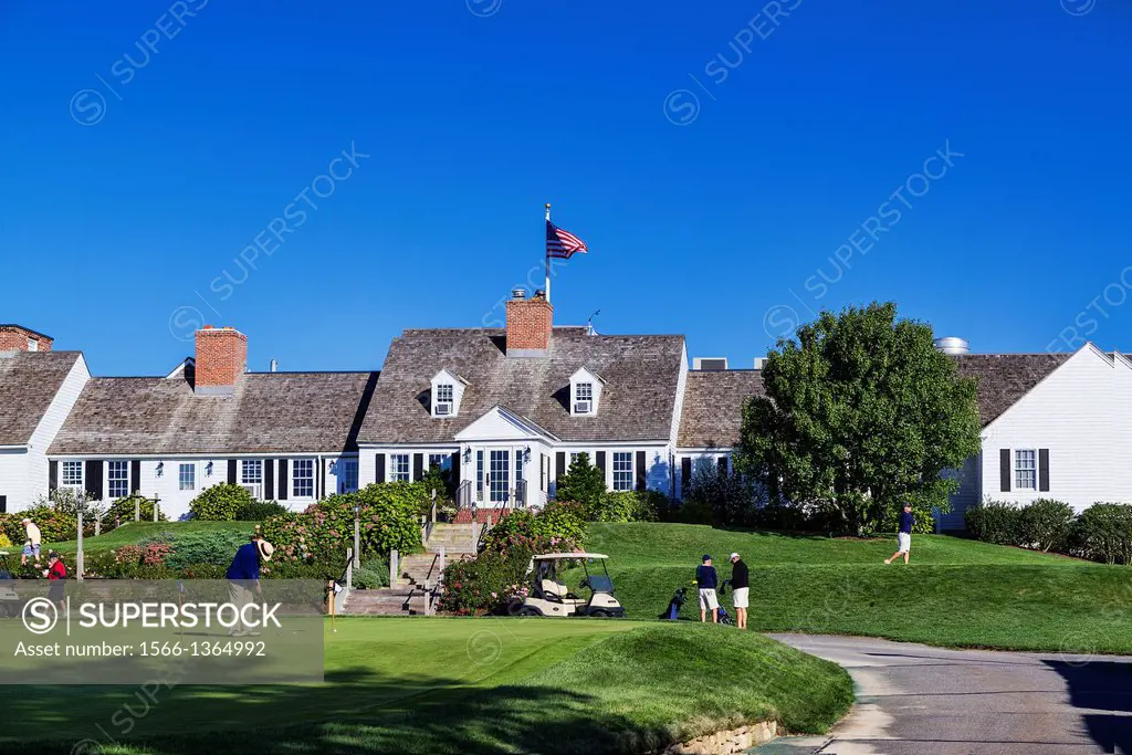 Golf course club house, practice green and tee off, Eastward Ho, Chatham, Cape Cod, Massachusetts, USA.