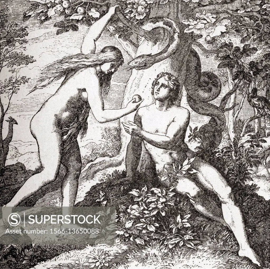 Eve tempts Adam with the apple in the garden of Eden. From Enciclopedia Ilustrada Segui, published c. 1900.