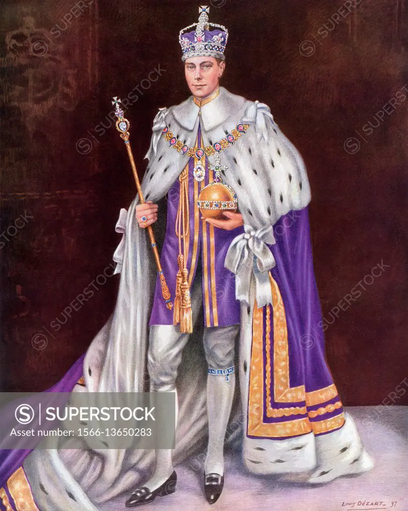 George VI, 1895-1952. King of the United Kingdom and the Dominions of the British Commonwealth. Seen here on the day of his coronation in 1936 wearing...