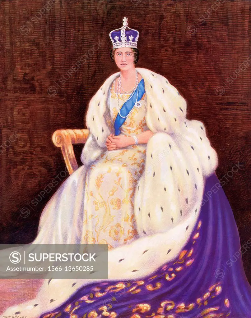 Queen Elizabeth on the day of her coronation in 1936. Elizabeth Angela Marguerite Bowes-Lyon, 1900-2002. Queen consort as the wife of king George VI.