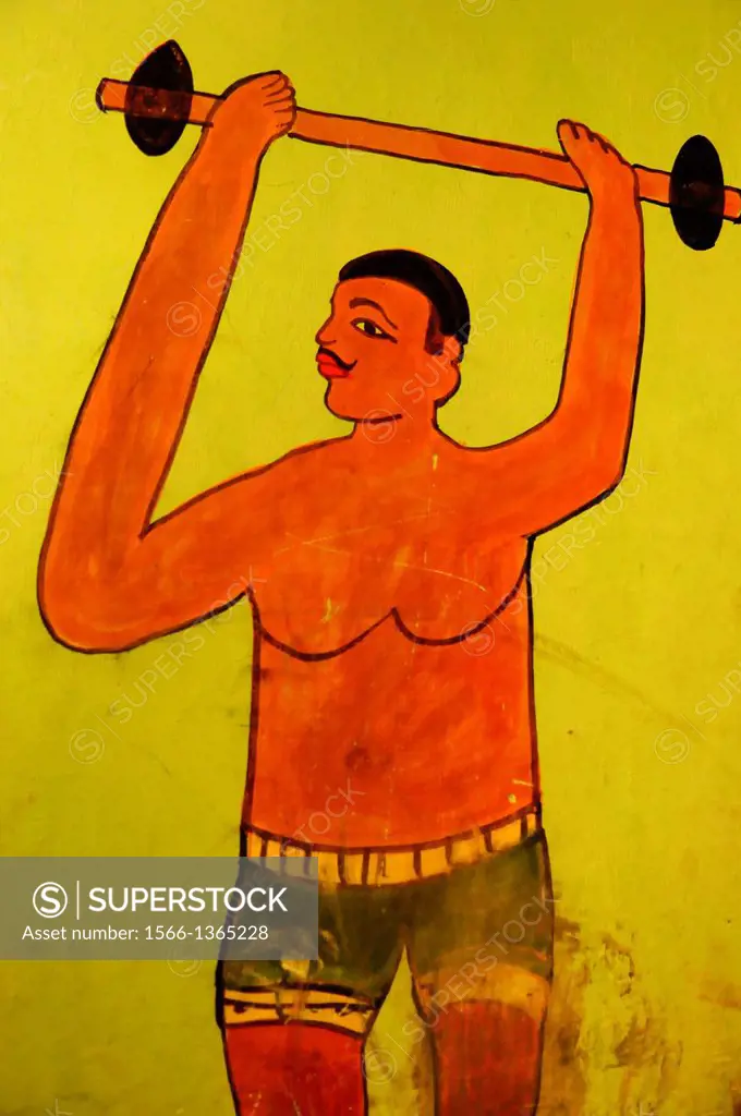 Mural paintings on a wrestler gym, Varanasi, Benares, Uttar Pradesh, India, Asia.