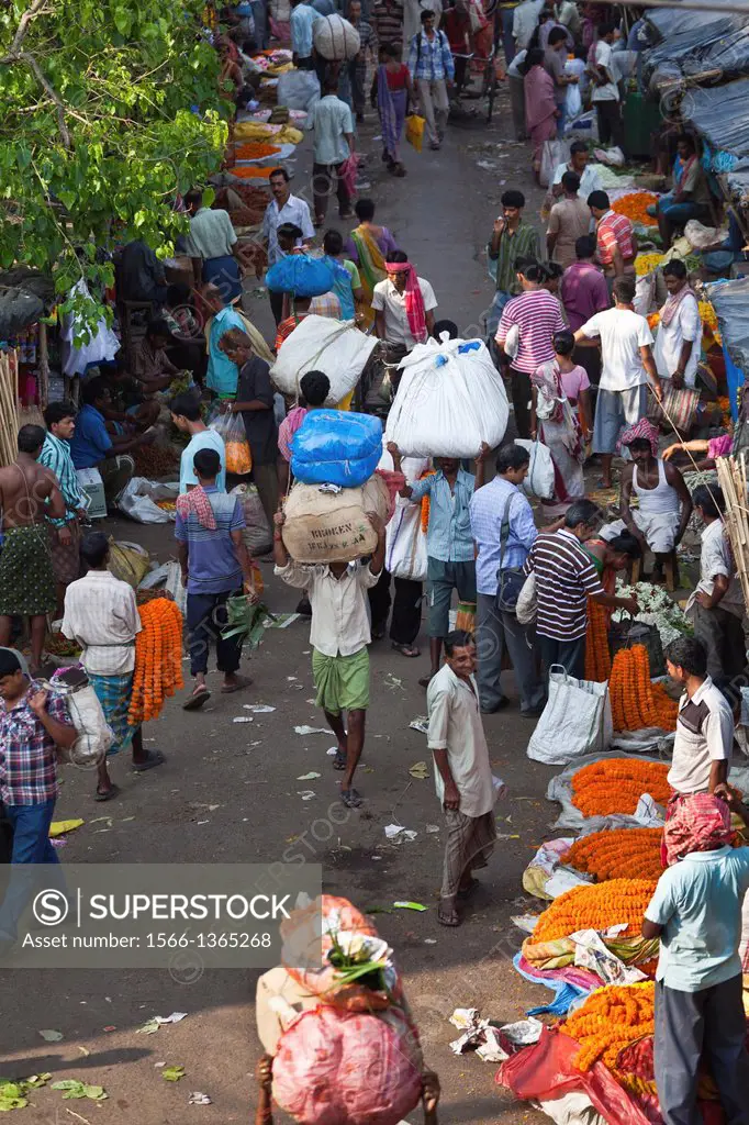 View onto the Malik Ghat Flower Market in Kolkata, India.