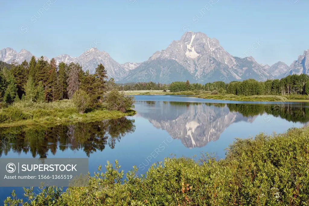 Mount Moran reflected in the Snake River at Oxbow Bend, Grand Teton National Park, Wyoming.
