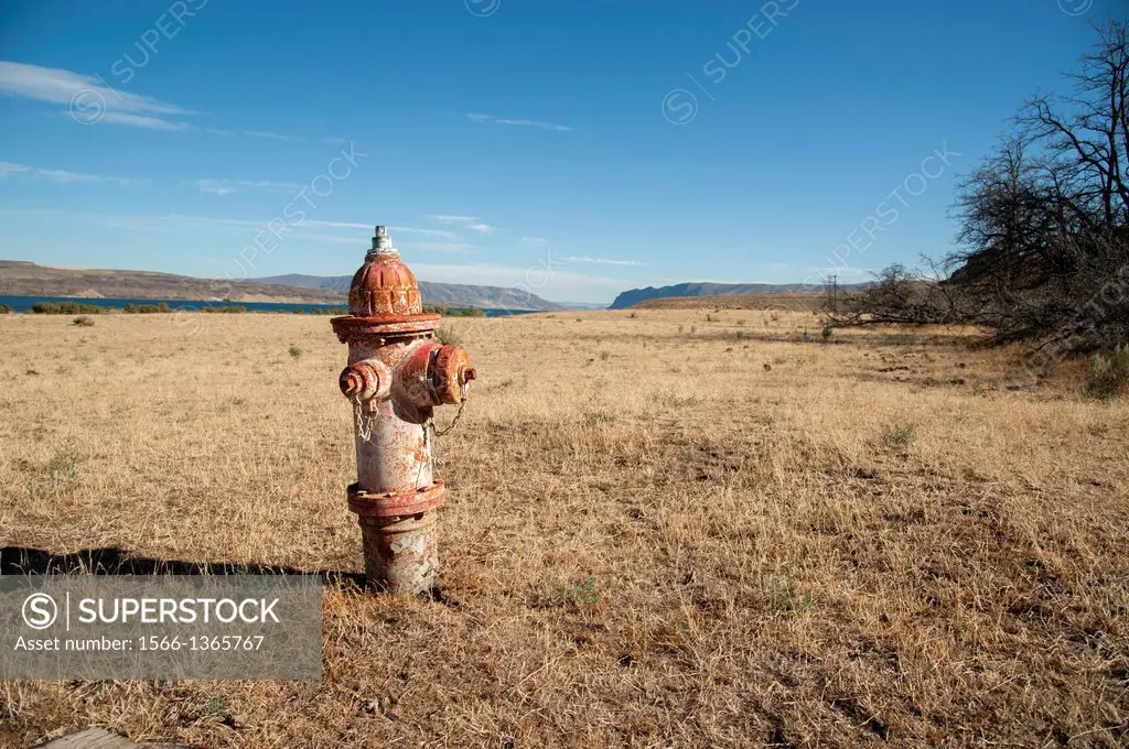USA, Washington, Ellensburg. Fire hydrant in the midde of dry rangeland.