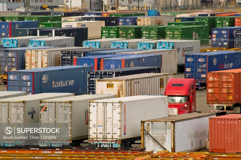 Cargo containers on trailers, parked at container ship terminal, Port of Tacoma, Washington.
