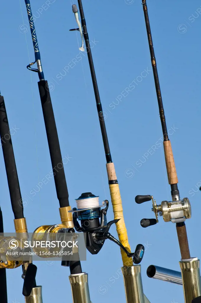 Fishing poles on sportfishing charter boat, Ilwaco, Washington USA.