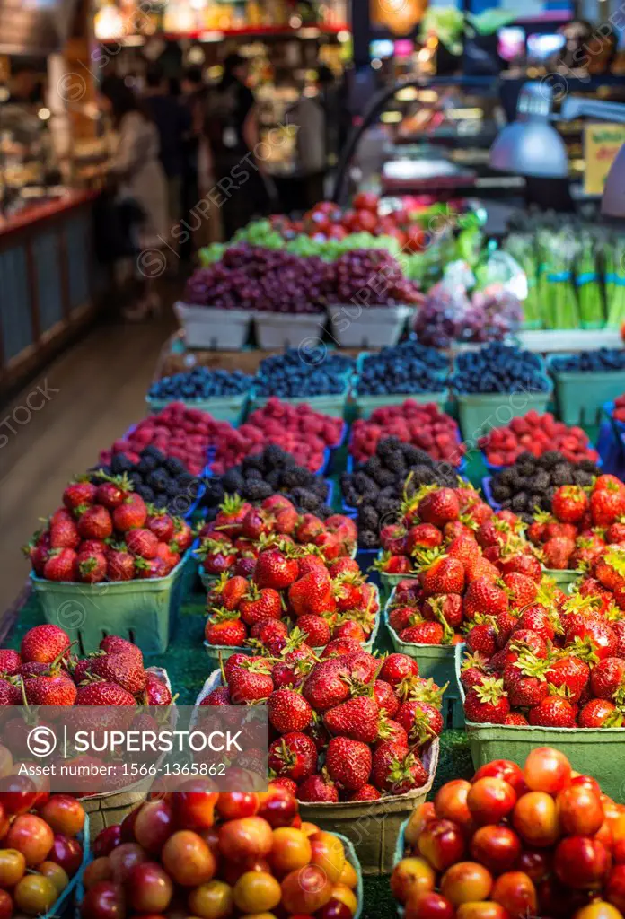 strawberries and other fruit at the Granville Island Market, Vancouver, BC, Canada