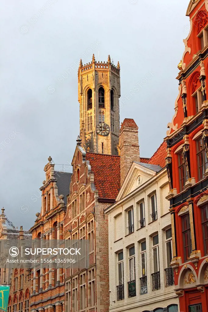 Bruges Belgium Flanders Europe Brugge gable roof guild houses in shopping district with Bell Tower.  
