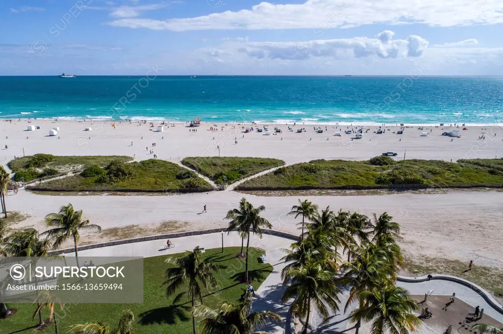 Florida, Miami Beach, Lummus Park, Atlantic Ocean, public beach, aerial, water,