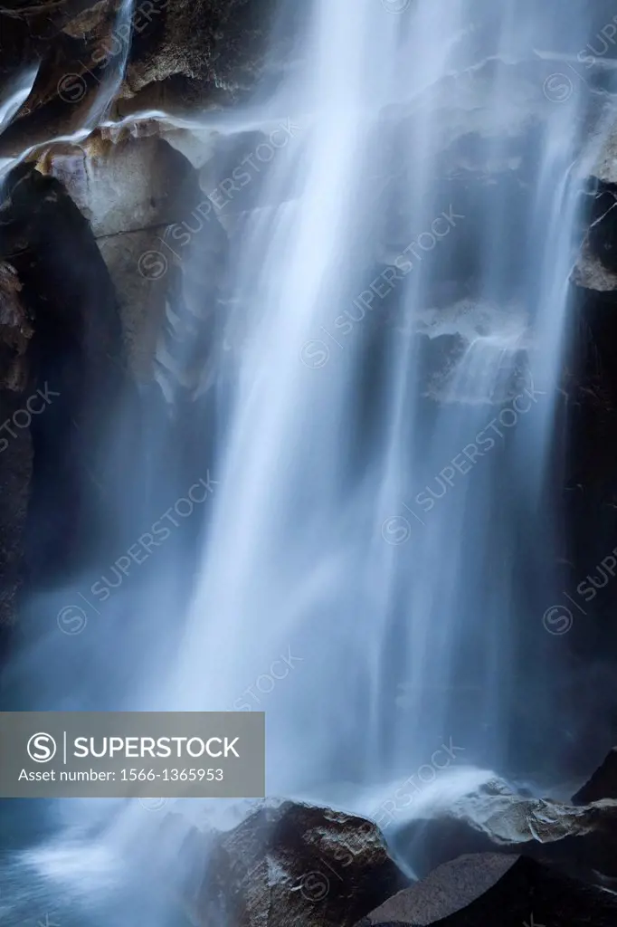 Water crashing on rocks of the bottom area of Vernal Falls in Yosemite National Park, California, USA