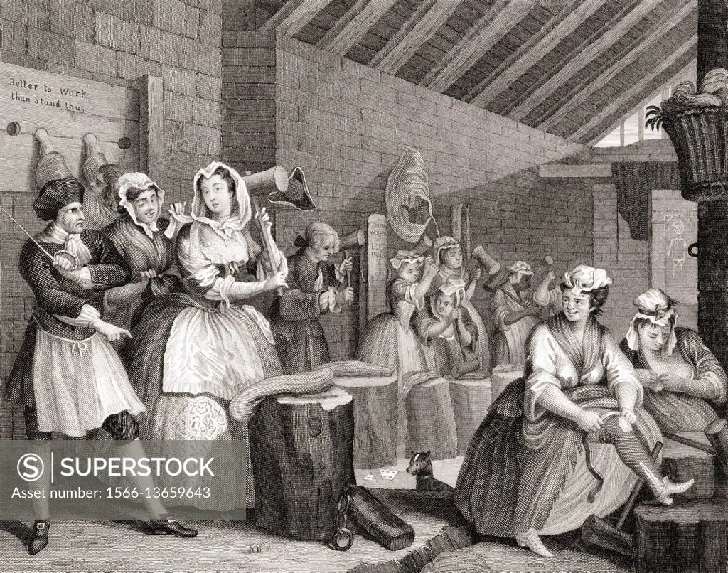 The Harlot's Progress. Scene in Bridewell. From the original pictue by Hogarth from The Works of Hogarth published London 1833.