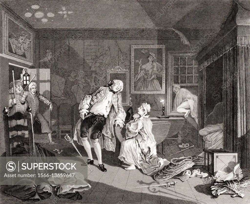 Marriage a la Mode. Death of the Earl. From the original by Hogarth from The Works of Hogarth published London 1833.